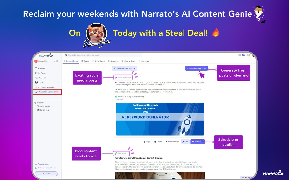 Need a content creation sidekick? Our friends at <a href="/narratoio/">Narrato</a> just launched AI Content Genie on Product Hunt!🎉This incredible AI Autopilot for Content Marketing will change the way you create social media &amp; blog content. Join us in supporting their launch👉 producthunt.com/posts/narrato-…