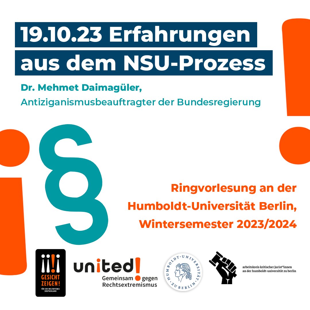 Kommt vorbei und diskutiert mit! Morgen startet unsere Ringvorlesung an der HU 🧡

Der Antiziganismusbeauftragte der Bundesregierung spricht über seine Erfahrungen als Nebenklageanwalt im #NSU-Prozess.