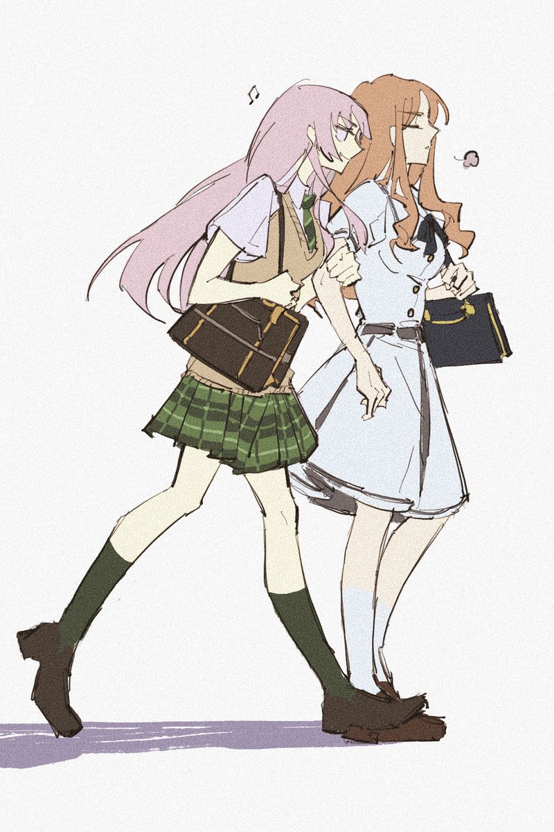 multiple girls 2girls school uniform brown hair long hair bag skirt  illustration images
