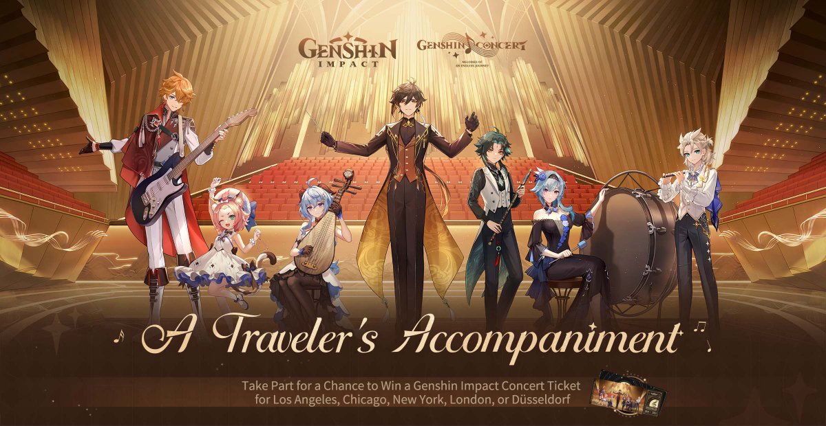 "A Traveler's Accompaniment" #GenshinImpact Concert Tickets Raffle

View the full notice here >>> hoyo.link/faoeFBAL

Make sure you include the hashtag #GenshinConcertTour as well as #the concert performance you wish to attend, publicly repost this event post on your profile