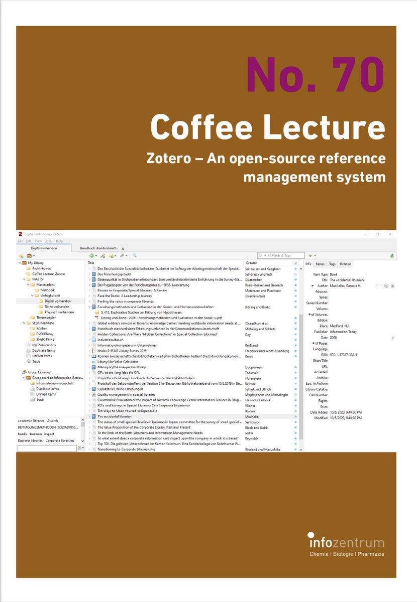 Get your next coffee Lecture card by attending our today's (18.10.23) #coffeeLecture on #zotero at 1:00 pm either at HCI G2 (with Coffee and chocolate) or remotely ethz.zoom.us/j/63020946312. Zotero is an open-source alternative to ref management systems like #EndNote or #Mendeley.