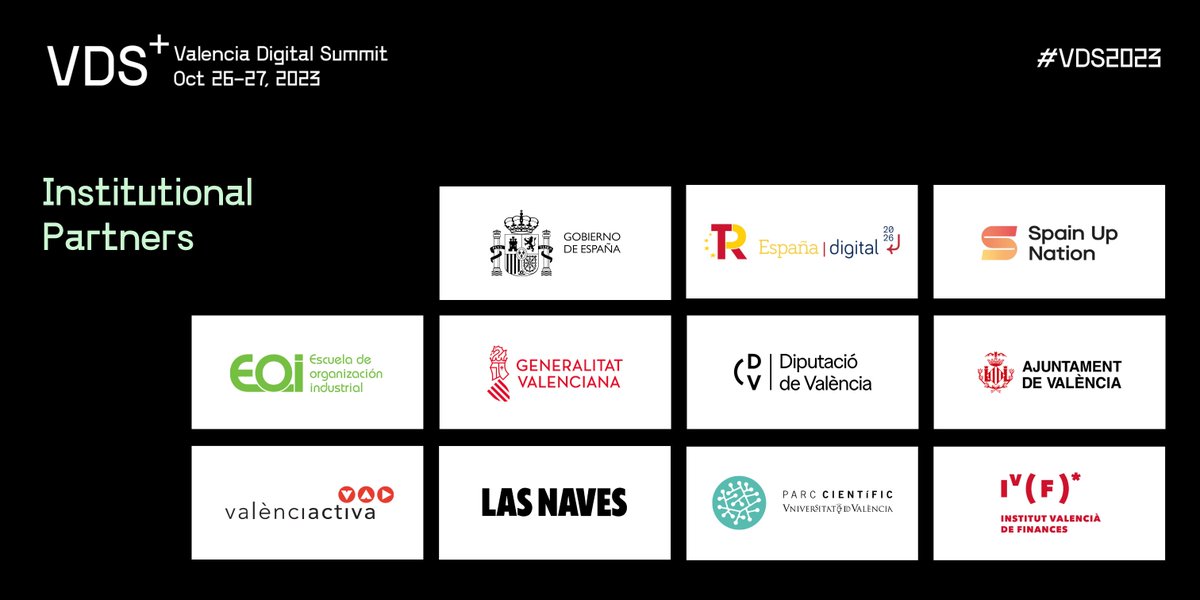 We're happy to count with 🤝 Gobierno de España, @P_Recuperacion-España Digital 2026, #SpainUpNation (@enisa), @eoi, @generalitat, @dipvalencia, @AjuntamentVLC, @valenciactiva_, @LasNaves, @parccientificuv and @GVAivf as Institutional Partners of #VDS2023

Thanks for making this…