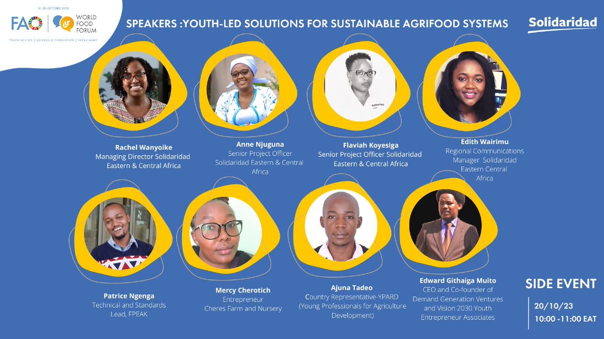 Amidst the Food &amp;Nutrition Security talks, what is the role of the youthful population?
Join <a href="/SolidaridadECA/">Solidaridad East and Central Africa</a> and I as we engage this team during the <a href="/FAO/">Food and Agriculture Organization</a> #WFF flagship event as we discuss the subject matter.
Register Here: bit.ly/45TqB7B

#SustainableAgri_FoodSystems