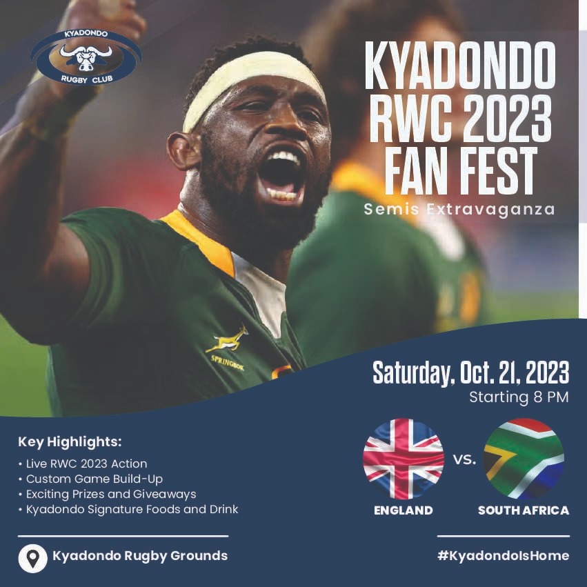 Fall in at @KyadondoClub this Friday and Saturday for a marvelous Rugby World Cup 2023 semi-finals fan fest! 

Lots of fun, predict and win lots of  exciting goodies while experiencing ball on the finnest screens.
#kyadondoIsHome

Be part of the action this weekend!