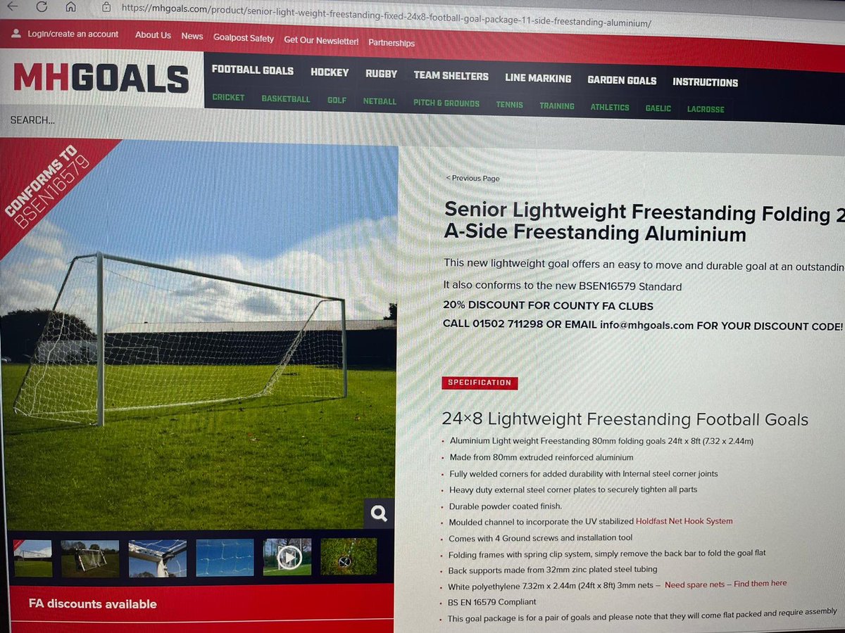 For Sale Full size folding goalposts as shown, only used a dozen times from new.           
We are looking to help another grassroots club out who is need of a set of posts so Make us an offer.       
Collection would be New Mills.         
Any questions call Rick 07990043786.