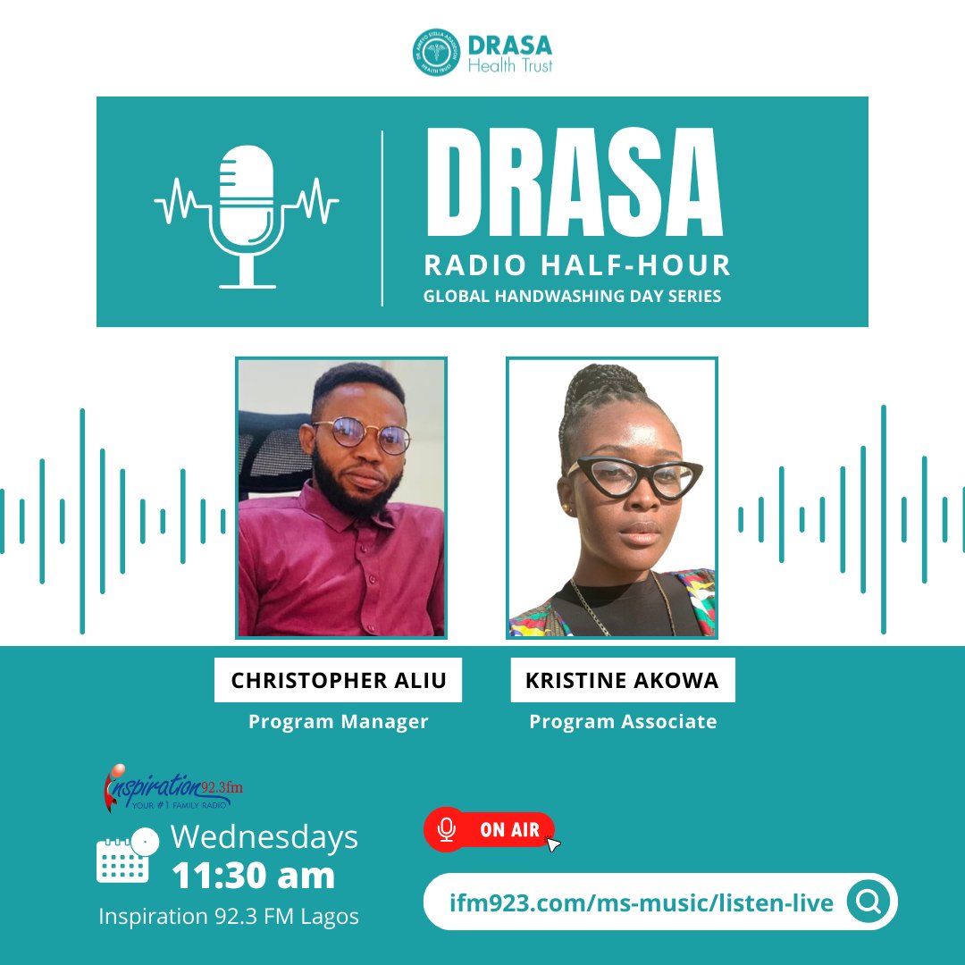 drasatrust's tweet photo. Join @alew_official and @krisaj99 today at 11:30am as we have important discussions relating to handwashing
Let us, #HumansofDRASA host you to an amazing time on @IFM923 Lagos!
Listen live: https://t.co/bxxYQr6Ccw
#DRASAHalfHour #LearnWithDRASA https://t.co/5IoHGO40ID