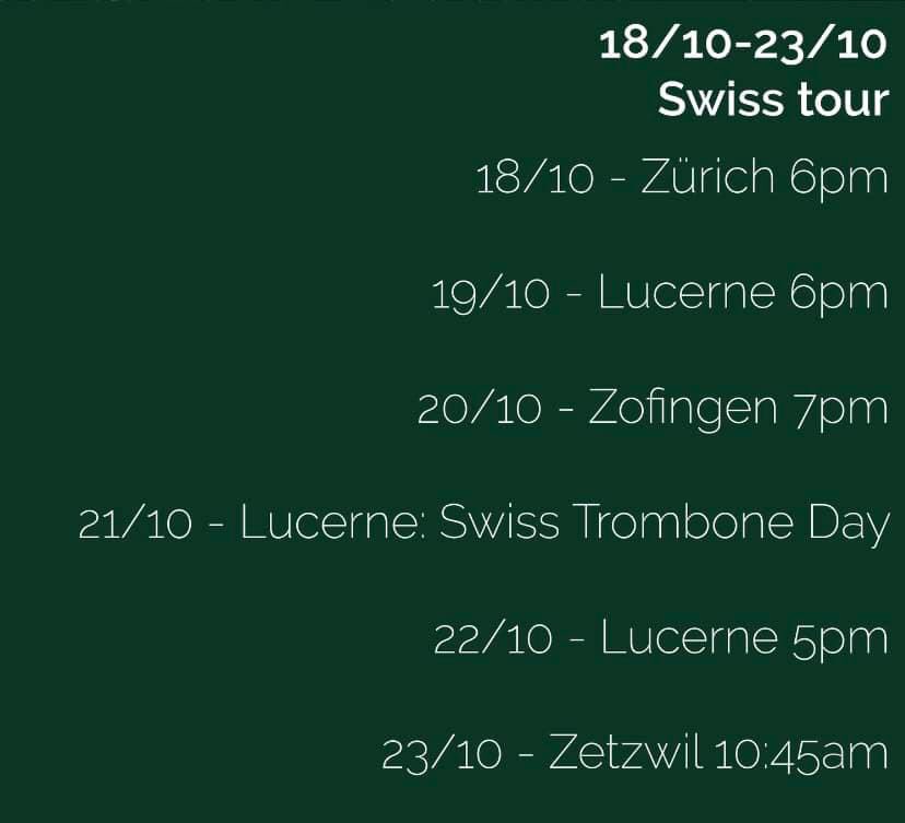 We are beyond excited to be heading out on tour tomorrow to Switzerland this morning!🇨🇭 18/10 - Zurich, house concert 19/10 - Lucerne, Hans Erni Museum 20/10- Zofingen, Palass 21/10 - Lucerne, Swiss Trombone Day, MHSLU 22/10- Lucerne, Jesuitenkirche 23/10 - Zetzwil, Schürmatt
