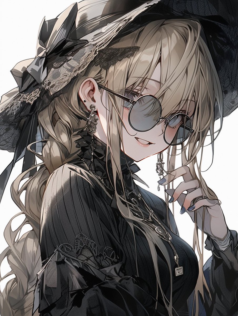 1girl solo jewelry hat long hair earrings round eyewear  illustration images