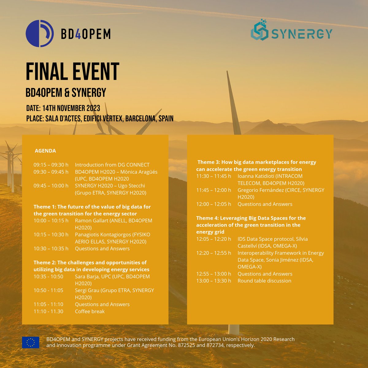 SYNERGY - Horizon 2020 project (@synergyh2020) on Twitter photo Reminder Alert! ๐Join us for joint Final Event of <a href="/SynergyH2020/">SYNERGY - Horizon 2020 project</a> & <a href="/Bd4Opem/">BD4OPEM</a> Horizon 2020 Projects in Barcelona, Spain, Nov 14, 2023. Event agenda ready! Mark your calendars for innovation in the energy industry๐ Sign up here: hubs.ly/Q025VQSj0
#BigEnergyData #AIAnalytics Reminder Alert! ๐Join us for joint Final Event of <a href="/SynergyH2020/">SYNERGY - Horizon 2020 project</a> & <a href="/Bd4Opem/">BD4OPEM</a> Horizon 2020 Projects in Barcelona, Spain, Nov 14, 2023. Event agenda ready! Mark your calendars for innovation in the energy industry๐ Sign up here: hubs.ly/Q025VQSj0
#BigEnergyData #AIAnalytics