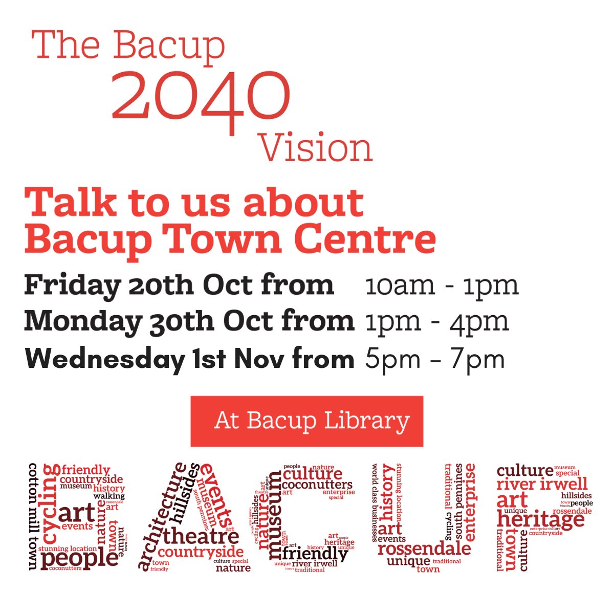 Exciting developments are coming to Bacup Market & your opinion counts! Come & talk to us at Bacup Library: -Fri 20 Oct from 10am-1pm -Mon 30 Oct from 1pm-4pm -Weds 1 Nov from 5pm-7pm Participate in our survey and be a part of the transformation: bit.ly/BacupMarketSur…
