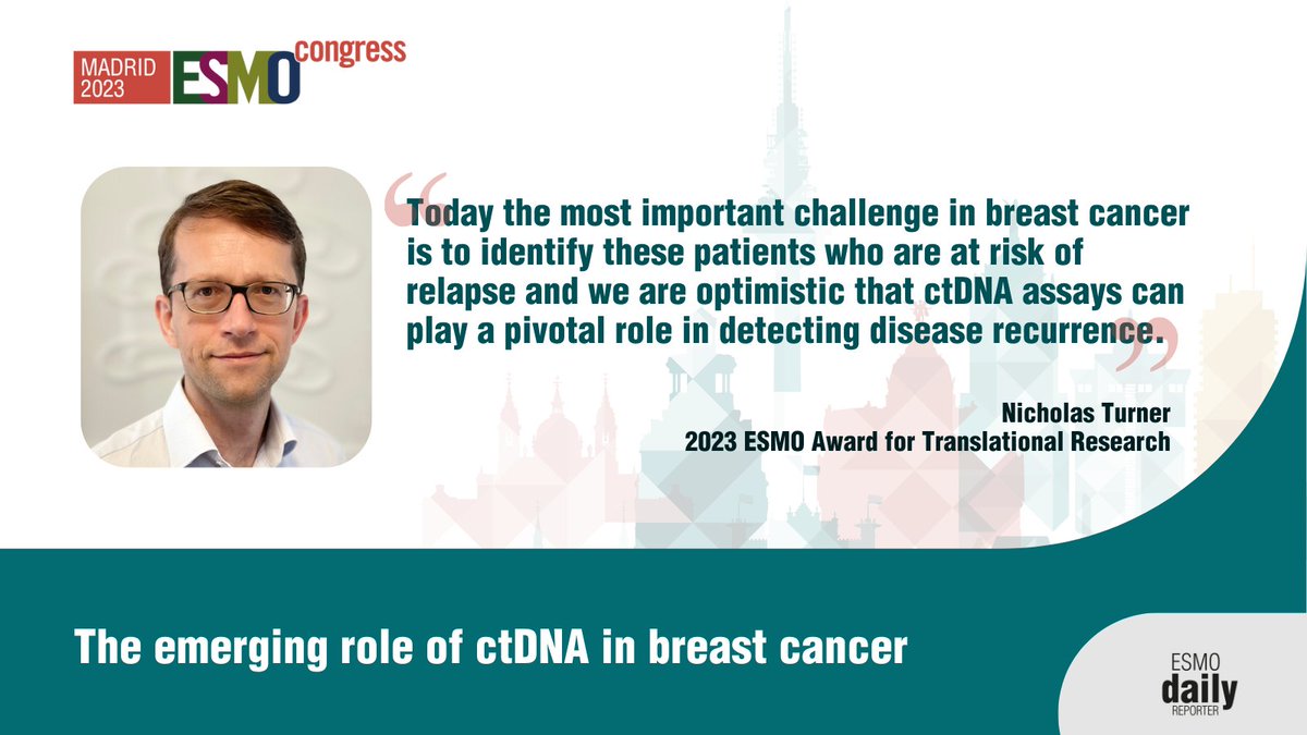 myESMO's tweet photo. #ESMO23: What’s the role of #ctDNA in #BreastCancer today? Nicholas Turner: it has opened-up new opportunities for guiding #treatment and detect disease recurrence earlier than standard imaging methods #ESMODailyReporter #BCSM @royalmarsdenNHS 
👉https://t.co/rh5qH9P49U https://t.co/8gdvvbFN3T