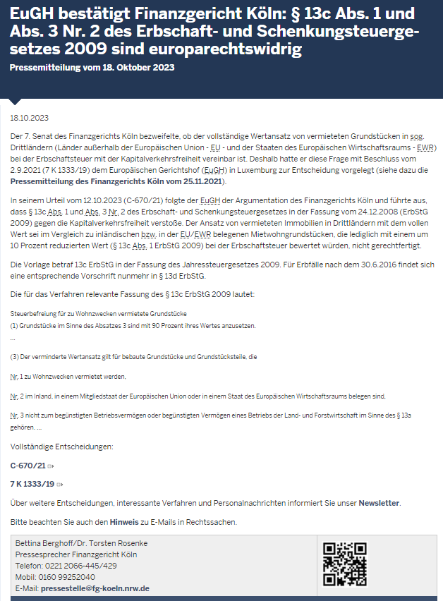 FGKoeln's tweet photo. #EuGH bestätigt #Finanzgericht #Köln:
§ 13c Abs. 1 und Abs. 3 Nr. 2 des #Erbschaft- und #Schenkungsteuer|gesetzes 2009 sind #europarechtswidrig

- #Pressemitteilung des #FG Köln vom 18. Oktober 2023

https://t.co/U2xLtZcnYl
#ErbStG https://t.co/kDJfV4PXpa