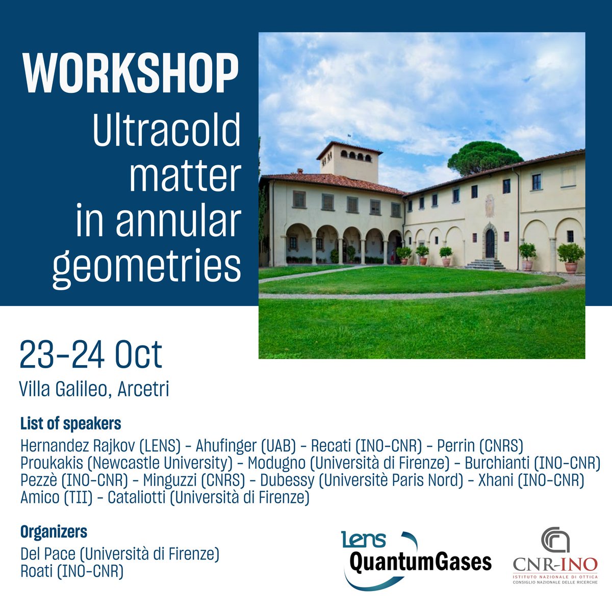 We have the pleasure to announce that next week we will host a workshop on "#Ultracold  matter in annular geometry" featuring many speakers in our community 🎓 

We are waiting you in the iconic Villa #Galileo, home to the renowned scientist in the last part of his life!
<a href="/CNR_INO/">CNR Istituto Nazionale di Ottica</a>