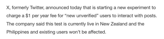X starts experimenting with a $1 per year fee for new users | TechCrunch https://t.co/QajcPvLbcl https://t
