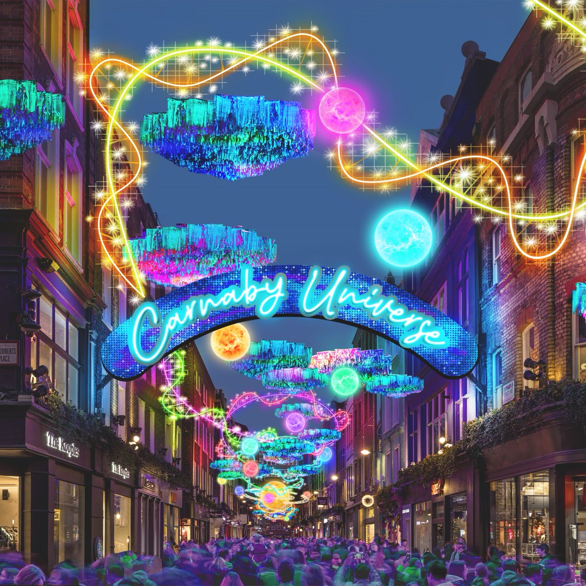 It's the moment you've been waiting for....the 2023 #CarnabyChristmas lights have been revealed! Welcome to the Carnaby Universe. Click here for more: bit.ly/2NqOn57 *This image is a CGI to represent what the installation will look like.