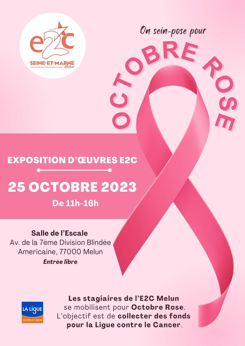 École de la 2e Chance en Seine et Marne (@e2c77) on Twitter photo 🎀#OctobreRose Mobilisons-nous contre le cancer du sein
Nos jeunes <a href="/E2C77/">École de la 2e Chance en Seine et Marne</a> <a href="/VilleMelun/">Ville de Melun</a> organisent une exposition de leurs travaux (textes, dessins, peintures..) pour récolter des fonds destinés à <a href="/laliguecancer/">La Ligue contre le cancer</a>
Nous vous attendons nombreux pour soutenir leur belle initiative ☺️ 🎀#OctobreRose Mobilisons-nous contre le cancer du sein
Nos jeunes <a href="/E2C77/">École de la 2e Chance en Seine et Marne</a> <a href="/VilleMelun/">Ville de Melun</a> organisent une exposition de leurs travaux (textes, dessins, peintures..) pour récolter des fonds destinés à <a href="/laliguecancer/">La Ligue contre le cancer</a>
Nous vous attendons nombreux pour soutenir leur belle initiative ☺️