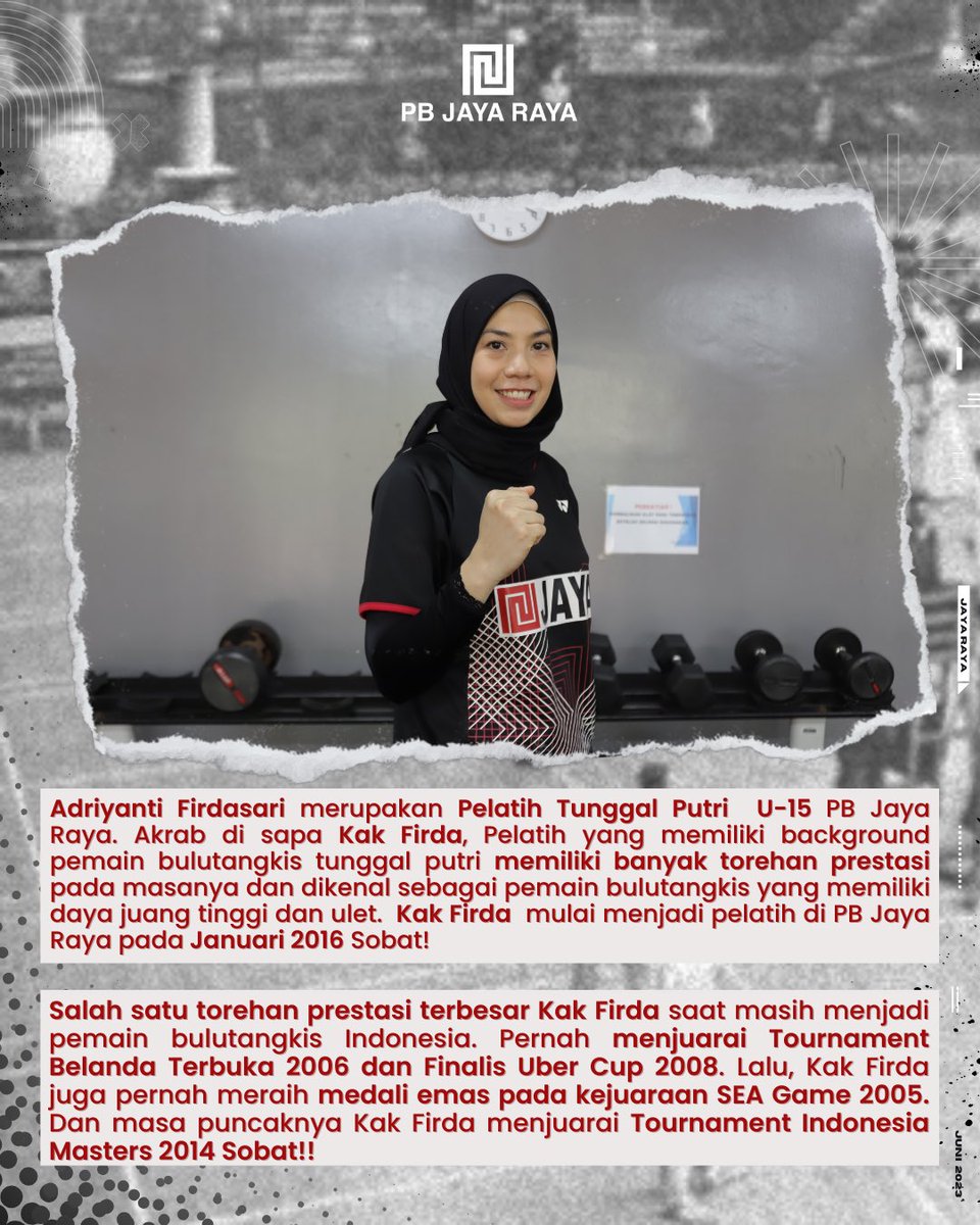 PBjayaraya's tweet photo. Halo Sobat JR Solid!

Yuk ikut mimin berkenalan lebih dalam  dengan salah satu pelatih Tunggal Putri U15 PB Jaya Raya Sobat! 

Geser slide diatas untuk tahu tentang perjalanan kak Firda 🙌🏻

#pbjayaraya #badmintonlovers #bulutangkis #turnamen #pelatihpbjayaraya #indonesia https://t.co/5PbC3Ky51a