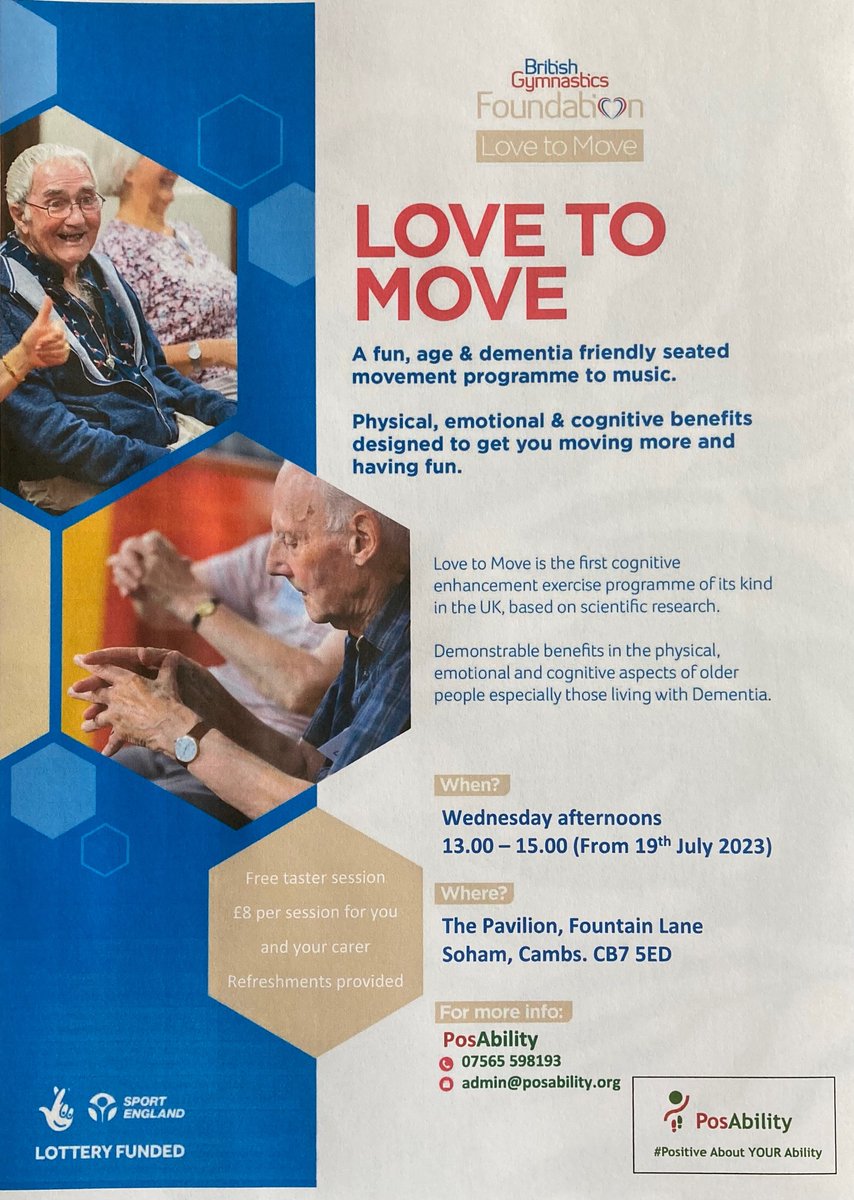 Heading for Soham Pavilion, our Pos+Ability exercise session starts at 10am followed by Love To Move at 1pm. See you there!