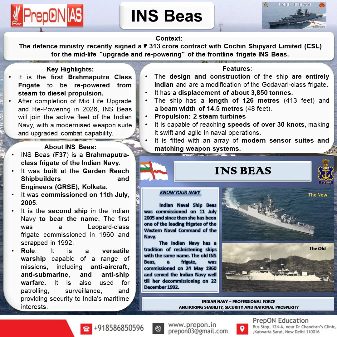 on_prep's tweet image. INS Beas
#insbeas #indiannavy #Navy  #DefenceMinister #CochinShipyard #frigate #UPSC  #upscprelims #UPSCPrelims2024  #upsc2024  #upscaspirants #currentaffairs  #DailyNews  #generalknowledge #infographic