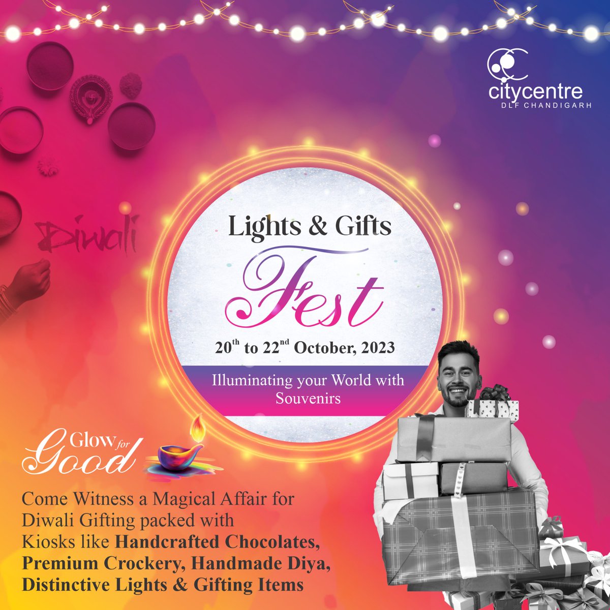 #Elevate your #festiveSpirit with LIGHTS & GIFTS FEST, the grandest #Celebration of the #Season!
Celebrate Diwali with an Exciting Eve at
#DLFCityCentreChandigarh,Join us from October 20th to 22nd, 2023
#GlowForGood #DiwaliSpecial #SeasonOfGiving #FestiveFun #ShoppingMall #ITPark