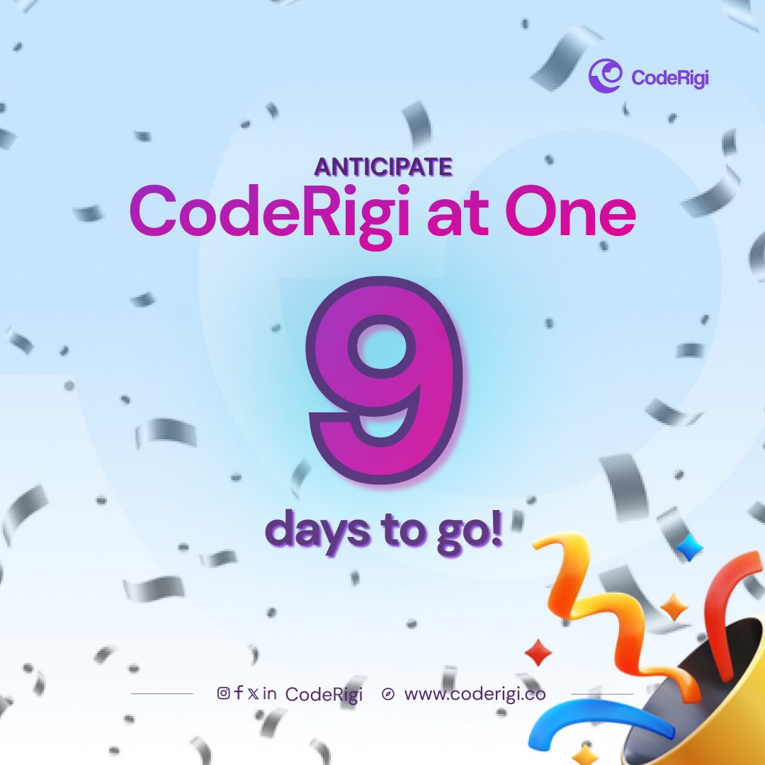 coderigi_'s tweet image. Count down to Our First year Anniversary, happening on 27th of October, 2023.

It&apos;s 9 Days to go!

#CompanyAnniversary #OneYearAnniversary #CodeRigiAtOne
