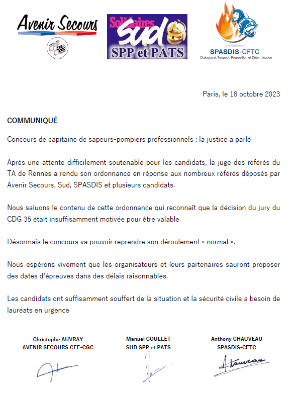 ⚖️ RECOURS CONCOURS CAPITAINE ⚖️ Retrouvez le communiqué commun en réaction au délibéré du tribunal administratif de Rennes. Bonne lecture !
