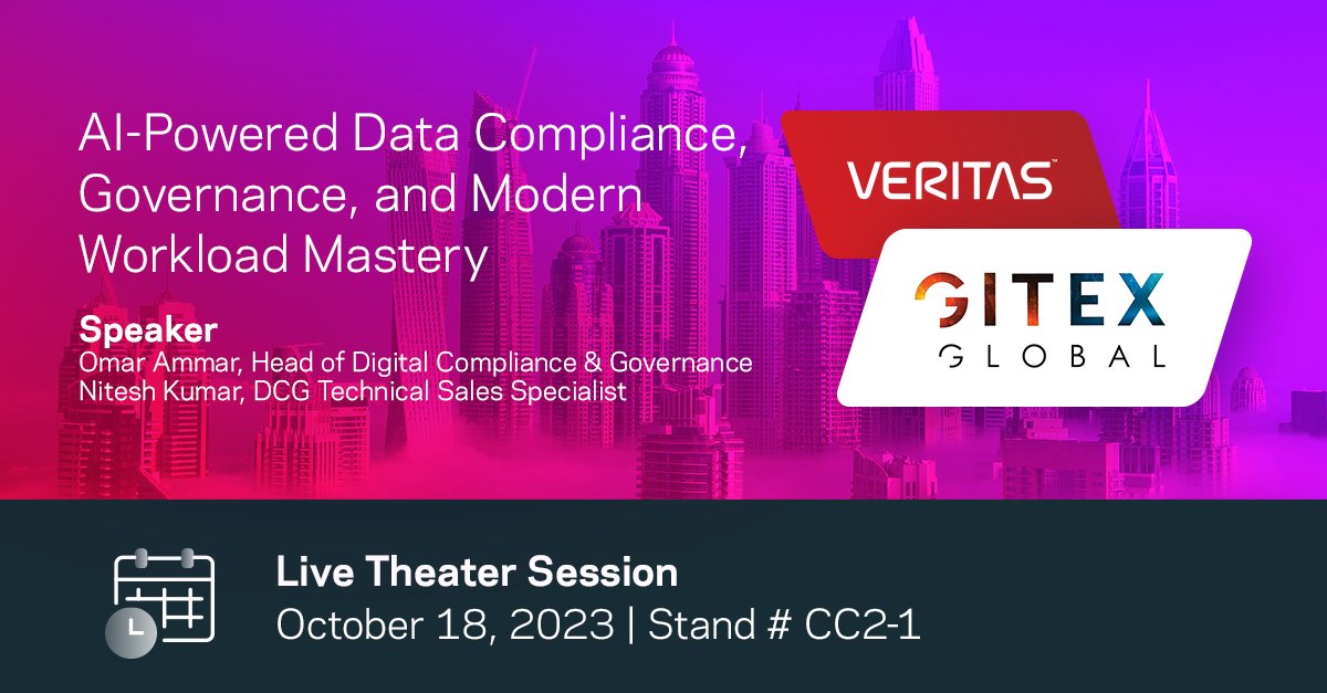 Starting Now—Join #TeamVeritas experts Omar Ammar and Nitesh Kumar at #GITEXGLOBAL stand CC2-1 to learn how to leverage AI to stay ahead of data compliance and governance obligations.