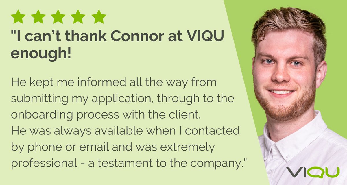 VIQU_UK's tweet image. A great review for Connor Smal!
Connor&apos;s dedicated approach to supporting candidates means that our clients gain access to the best quality IT professionals.
If you are looking to hire an #ITcontractor, contact us here for bespoke support:
bit.ly/3QlZBYY