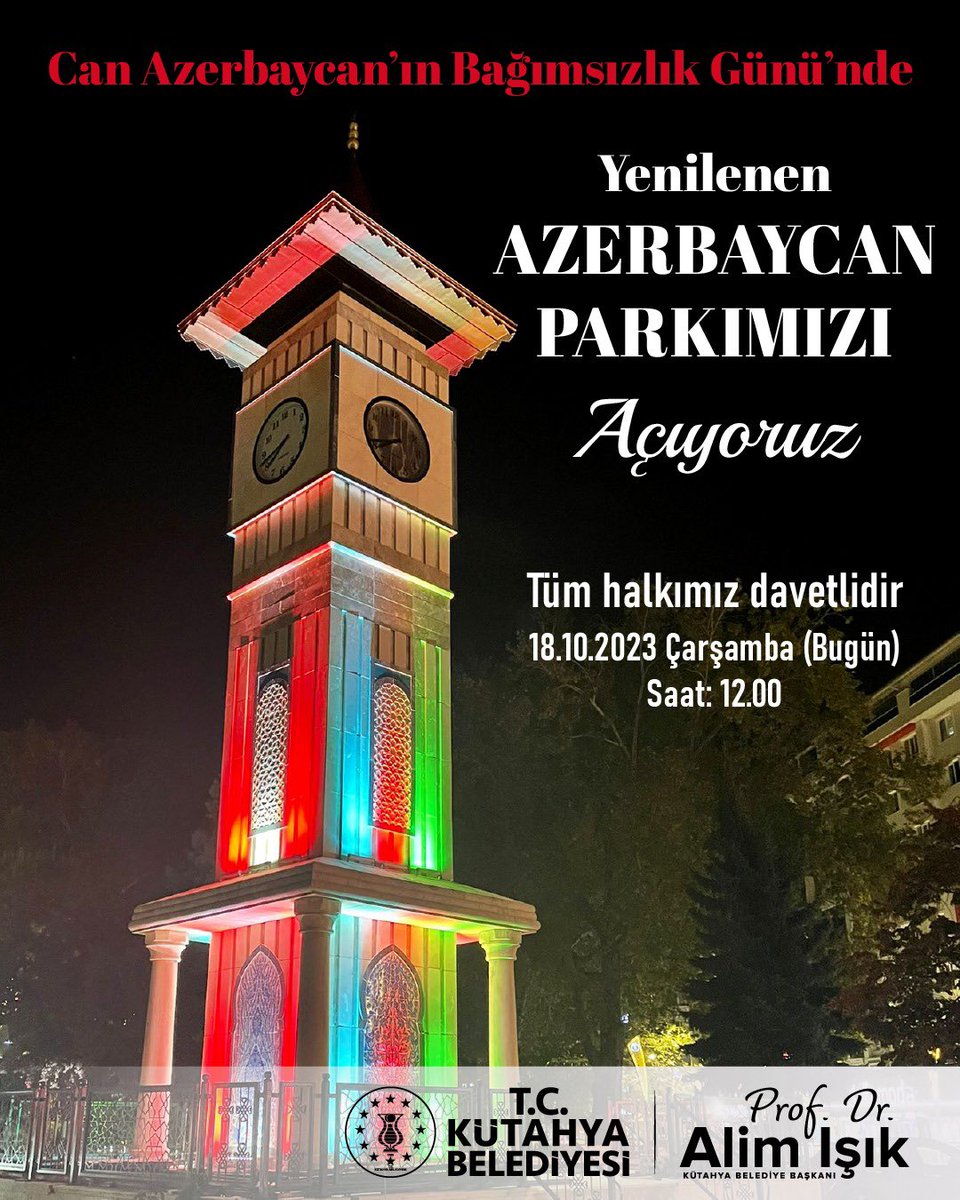 CAN AZERBAYCAN’IN BAĞIMSIZLIK GÜNÜ KUTLU OLSUN 🇦🇿🇹🇷

Bu anlamlı günde yenileme çalışmalarını tamamladığımız AZERBAYCAN PARKIMIZI AÇIYORUZ. 

Tüm halkımızı açılışımıza bekliyor, şehrimize hayırlı uğurlu olmasını diliyoruz. 

#azerbaycan #kütahyabelediyesi