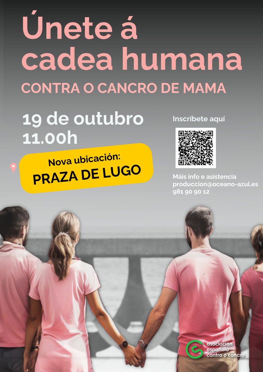 📢AVISO IMPORTANTE. NOVA UBICACIÓN DA CADEA HUMANA NA CORUÑA: PRAZA DE LUGO

🌬Por causas metereolóxicas, cambiamos a ubicación da cadea humana rosa contra o cancro de mama

📍Nova Ubicación: PRAZA DE LUGO 
🕛Ás 11.00h
🎀Xoves, 19 outubro

Esperámosvos!