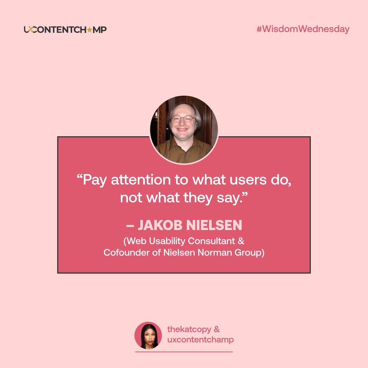 Eager to enhance your UX Writing skills? Look no further – we're here to assist you! 

As Jakob Nielsen reminds us, it's all about paying attention to what users do, not just what they say. 

👉 Follow us @uxcontentchamp for more.

#UXWriter #ContentDesign #UXQuotes #JacobNielsen