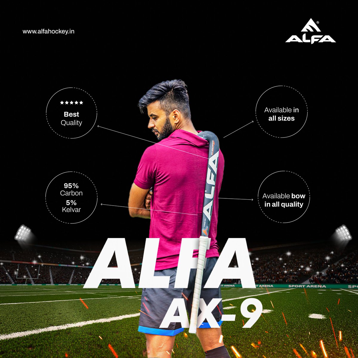 Manpreet x Alfa AX - 9 🤝 Alfa AX - 9 is amongst the very best senior composite hockey sticks and is the proud choice of Indian National Team Hockey Superstar Manpreet Singh! 🏑 Powered by extraordinary features, the Alfa AX-9 is designed to bring the best out of top athletes.