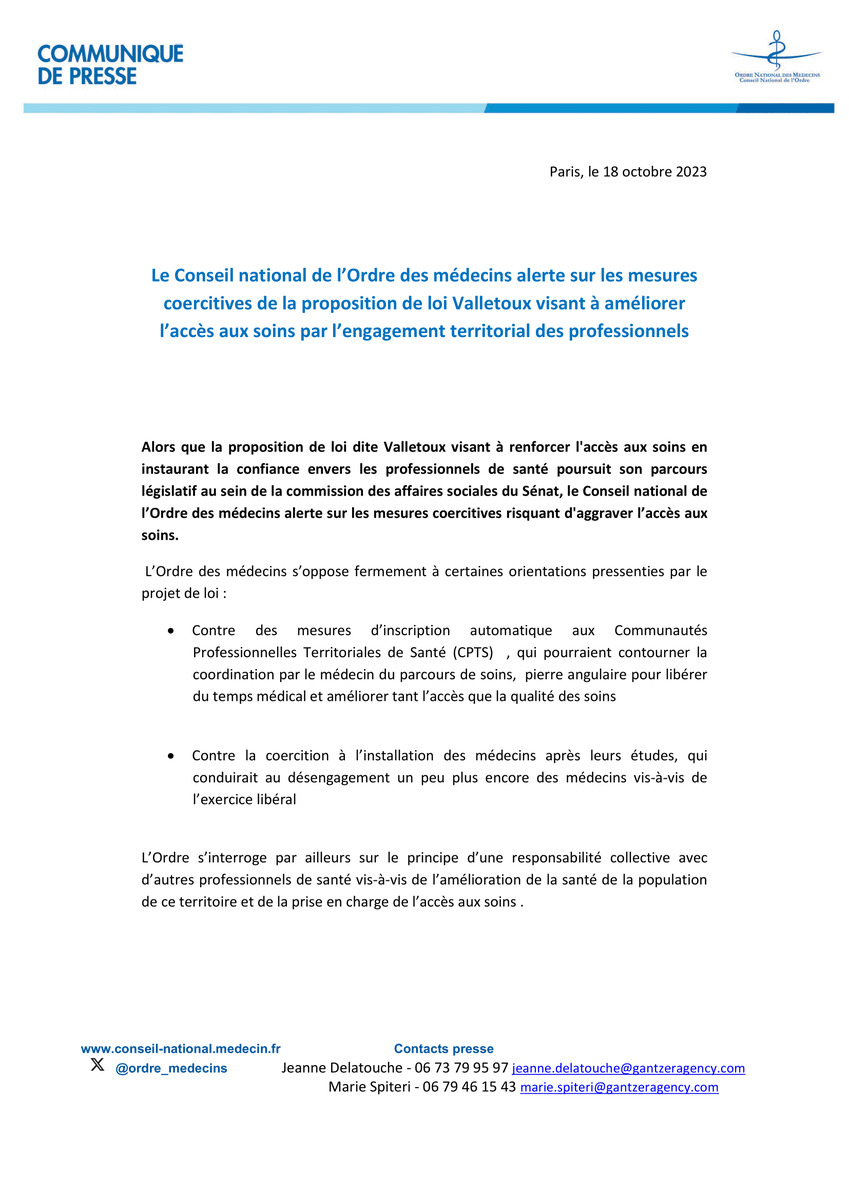#Communiquédepresse📰 L’<a href="/Ordre_medecins/">Ordre des Médecins</a> s’oppose aux mesures coercitives de la proposition de loi #Valletoux, et de certains de ses amendements.
 Retrouvez plus d'infos ici 👇