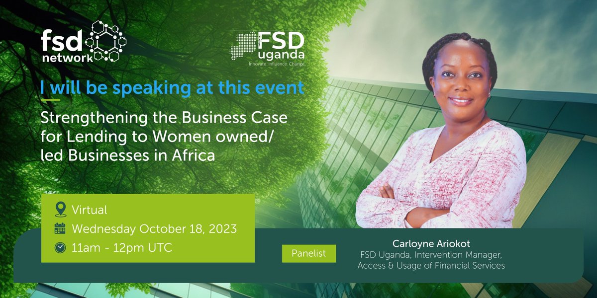 FSD_Network's tweet photo. @folucutie @CFI_Accion @AFRwanda @EFInA_Nigeria @Finmarktrust @FSDAfrica @FSDEthiopia @fsduganda @FSDKe @FSDmoc_ @FSDTanzania @fsdzambia Hear from FSD Uganda's Intervention Manager Carolyne Ariokot @FSDUganda today at #FIW23 as she discusses expanding finance for women-owned MSMEs in Africa. Her expertise provides key insights! #fsdnetwork #womensfinancialinclusion #FinclusionWeek @CFI_Accion https://t.co/DrF51sVKji
