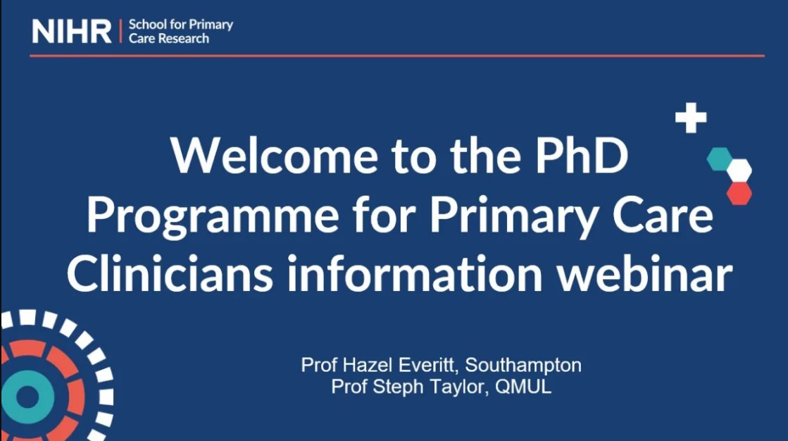 The #PrimaryCare #Clinicians #PhD programme is open for applications.   🗓️Closing Date: 12noon, 20 Dec 2023.   
For details visit: bit.ly/SPCR-PHDPCC
Or view the webinar that covers the outline of the programme: bit.ly/46KR5In

<a href="/NIHRSPCR/">NIHR School for Primary Care Research</a>
<a href="/wellcometrust/">Wellcome</a>
<a href="/sapcacuk/">SAPC</a>