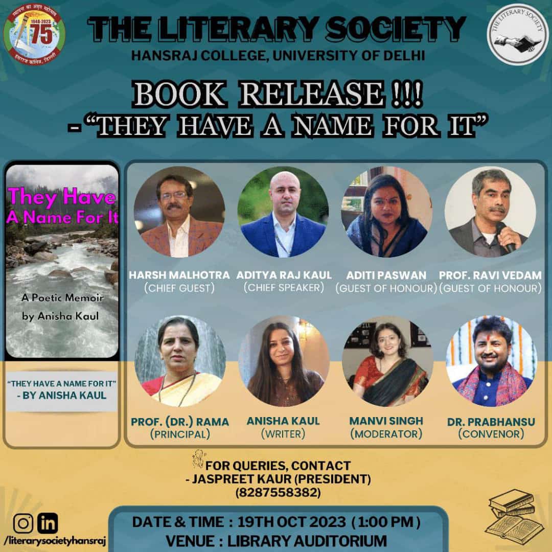 You are all cordially invited to the book launch of #TheyHaveaNameForit tomorrow at 1 PM, Library Auditorium, Hansraj College.

Dignitaries @hdmalhotra @AdityaRajKaul @AditiNarayani @RajVedam1, Dr Rama, Dr Prabhanshu & Ms Manvi to delineate on #Kashmir #kashmirihindus #poetry..🍁