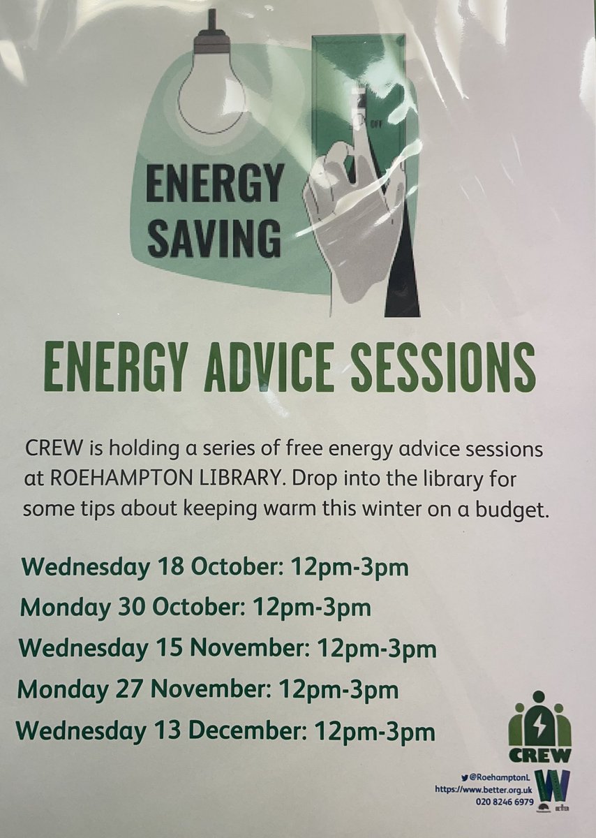 Drop into @RoehamptonL today from 12pm-3pm to chat with @CREWEnergyLDN about ways to reduce your energy bills and keep warm this winter.