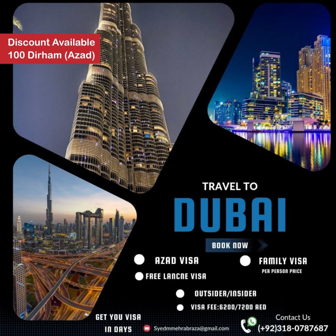 SyedMMehrab_'s tweet photo. 🇦🇪 Explore Dubai hassle-free with our exclusive Visa service. Say goodbye to visa worries and hello to adventure! ✈️🏝️

Visa Type:

1: Freelance Visa
2: Azad Visa
3: Family Visa

Phone Or Whatsapp: 03187876087
Email: Syedmmehrabraza@gmail.com

#dubai #uae #visa https://t.co/xMY0iBBD5L