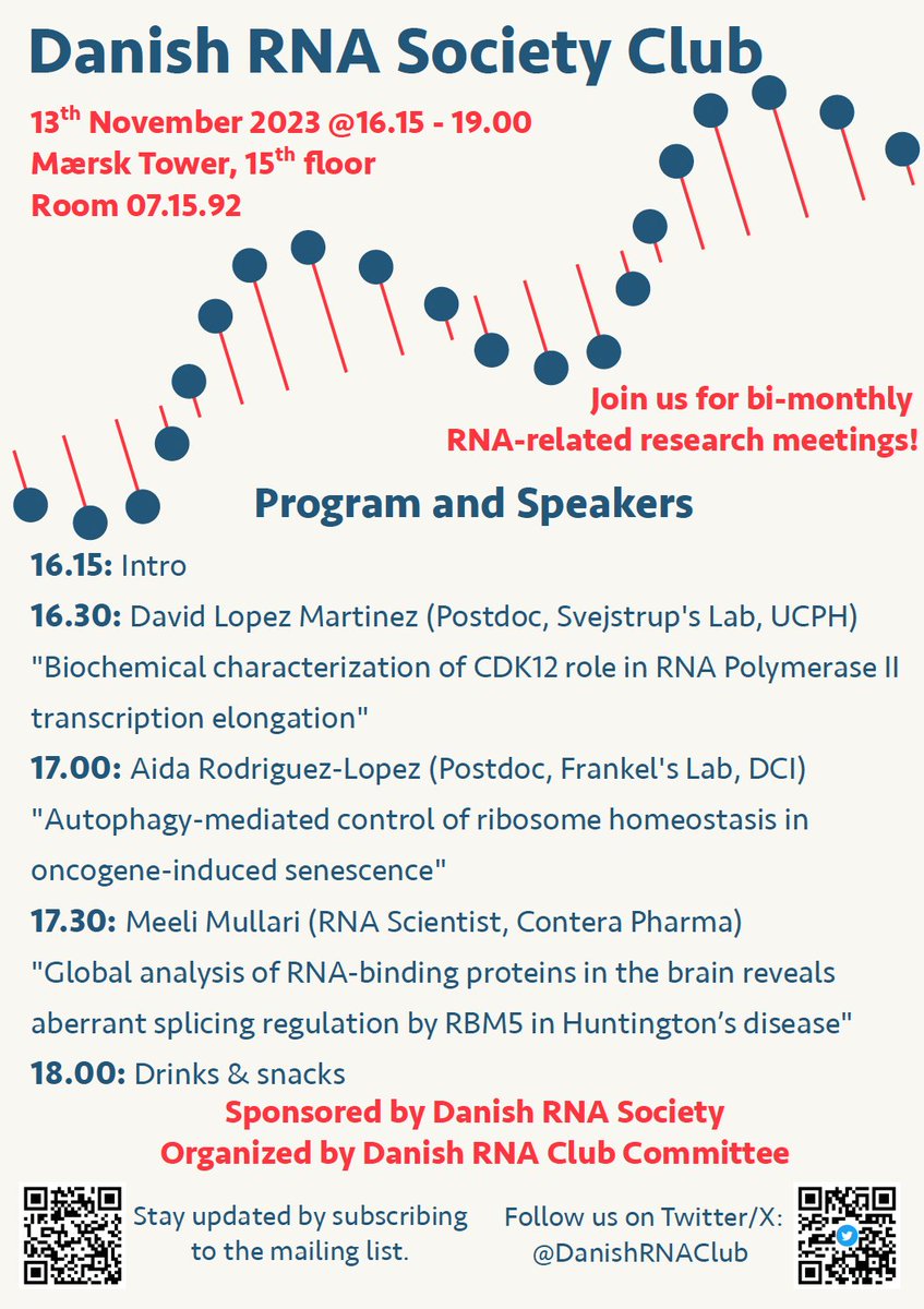 DanishRNAClub's tweet image. 🔬Get ready for an upcoming event by the Danish RNA Club featuring 3 exciting talks, a stimulating afternoon of research updates 🎙️, networking 🤝, beers & snacks 🍻🍿
📅 Save the Date: November 13th, 4:15 PM
🏢 Location: Mærsk Tower, Room 07.15.92
No registration needed🧬