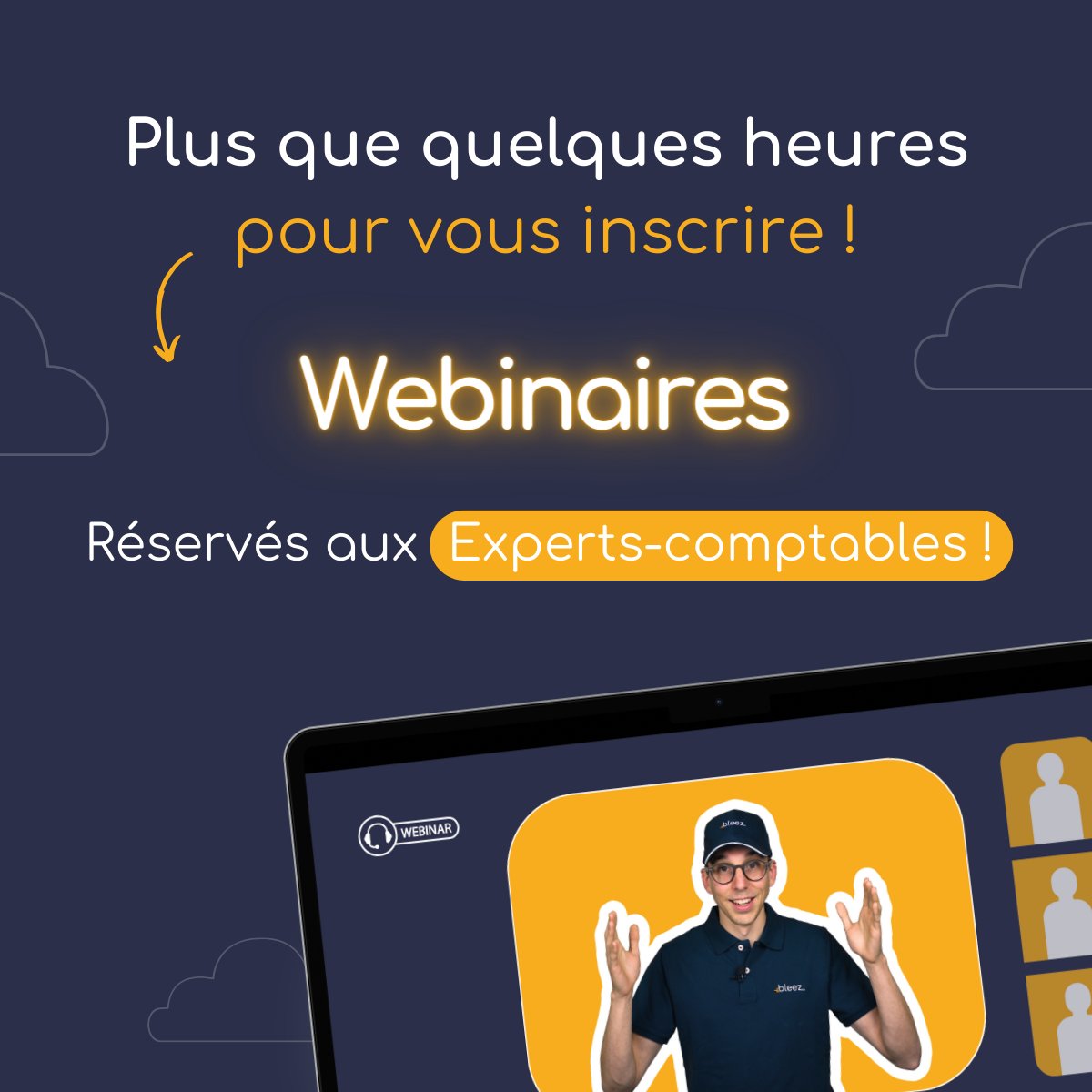 ➡️ Webinaire Bleez : Simplifiez la gestion de votre cabinet | 19/10/2023 de 10h à 11h
💻Pour s'inscrire → eu1.hubs.ly/H05Jc9Y0

➡️ Webinaire Gescab : Simplifiez la gestion interne de votre cabinet | 19/10/2023 de 15h à 16h
💻Pour s'inscrire → eu1.hubs.ly/H05Jb_W0