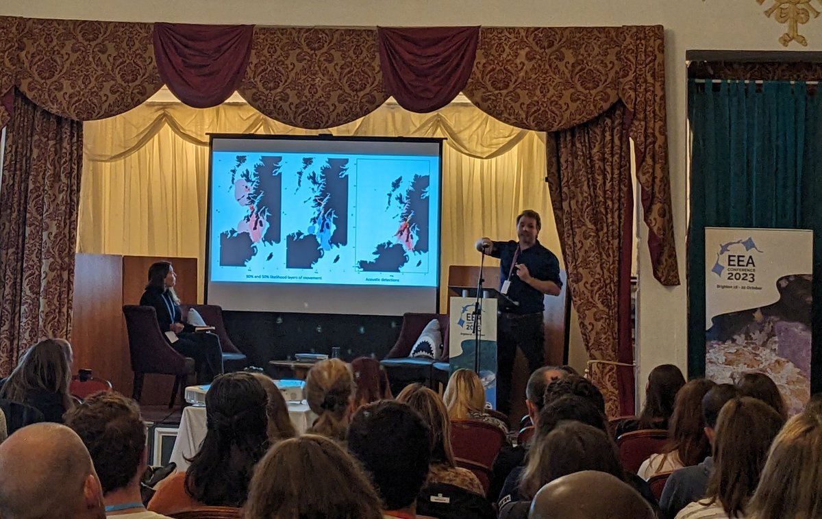 Great first talk at #EEA2023 by <a href="/JAThorburn/">James Thorburn</a> - highlighting the importance of an angler-led MPA to protect flapper skate in Scotland.

Community voices led design and development of the MPA and acoustic telemetry supported the information fishers provided. Fab collaboration 🦈