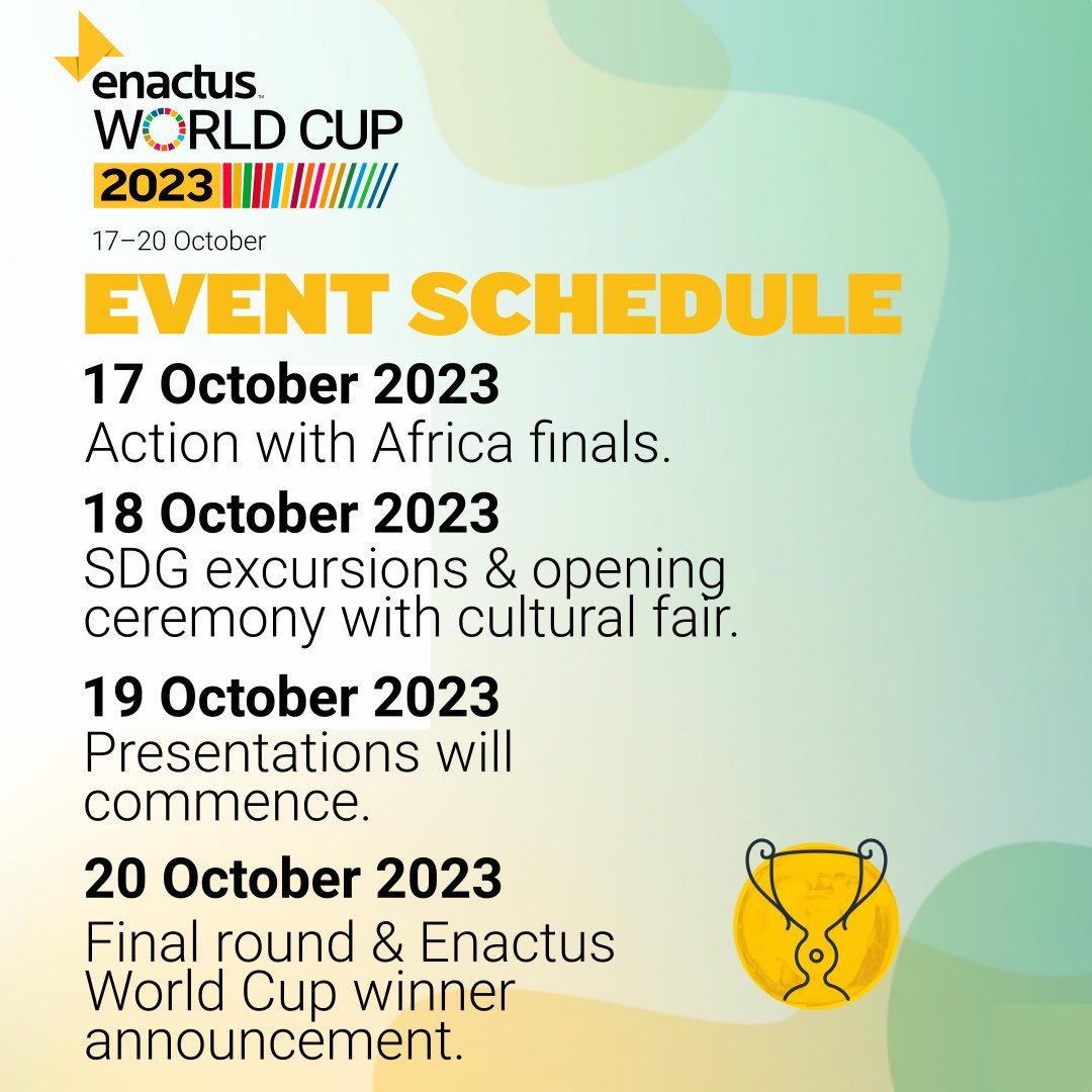 enactusZA's tweet image. Even if you can't be with us in person, you can still be part of the action! Stay in the loop with the Enactus World Cup 2023 Event Schedule #EWC2023
#ThriveWithEnactus
#WeAllWin
#EnactusCUT’23