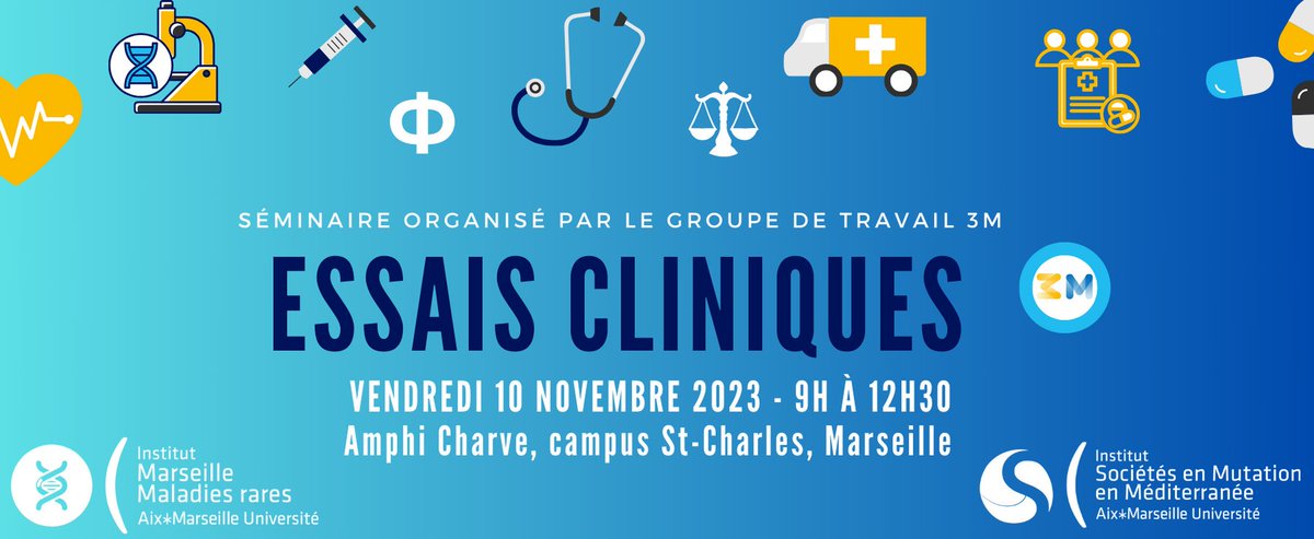 Le #GT3M organise un 2e séminaire #essaiscliniques ! Nous espérons vous voir nombreux et nombreuses à ce séminaire !
📅 : vendredi 10 novembre 2023 de 9h à 12h30
📍 : amphi Charve, campus Saint-Charles, Marseille
Infos ici ➡️url.univ-amu.fr/seminaire-gt-3m