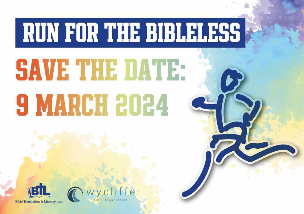 D‍ear Friends,

We are so excited to announce that we've started planning for Run for the Bibleless 2024. If you are interested in joining us, please put the 9th March 2024 down in your diaries! You can also subscribe to our wycliffe.org.za/signup-r4tb for further updates.