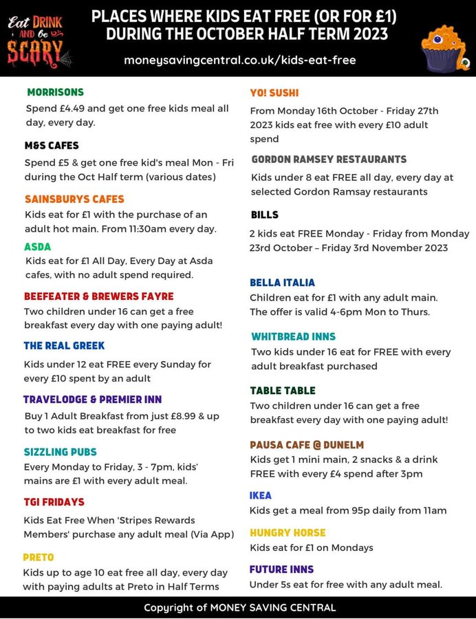 More FREE things, this time from @MoneySavingCen

Listed below are places where children can eat 🍽️ for FREE (or for £1) over the half term break.

#EntertainingKidsOnABudget #kidsfun #kids #kidsactivities #fun #children #familyfun #familytime #family #happykids