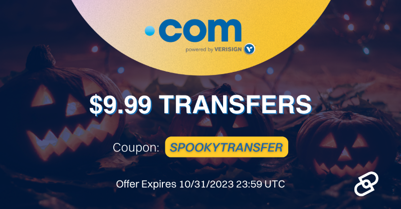 Dynadot's tweet photo. Trick or Transfer? 🎃 This is the king-sized treat everyone wants in their basket, get $9.99 .COM transfers when you use coupon code SPOOKYTRANSFER 👉https://t.co/BMsEt69Aoe