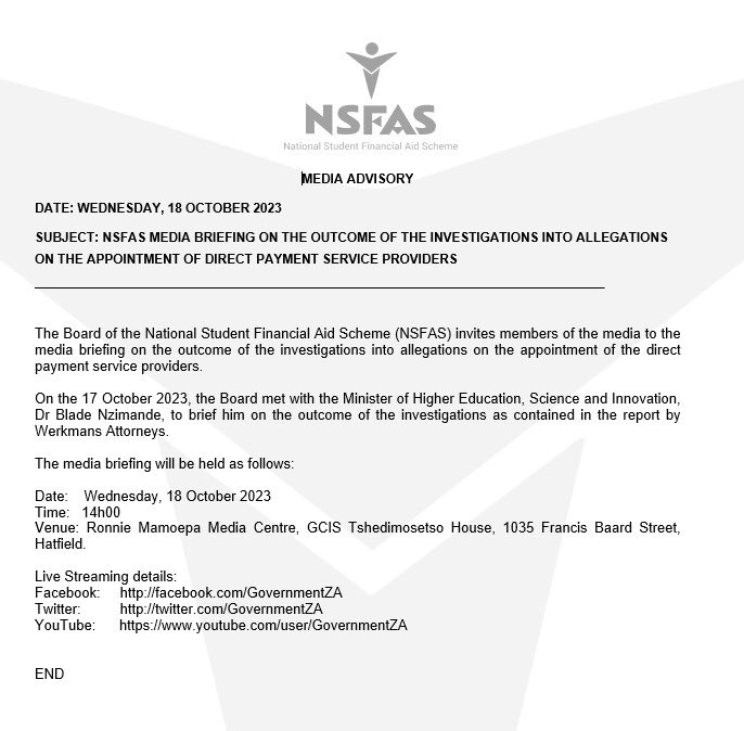 myNSFAS's tweet photo. Media Advisory https://t.co/k1kDsj5x7E