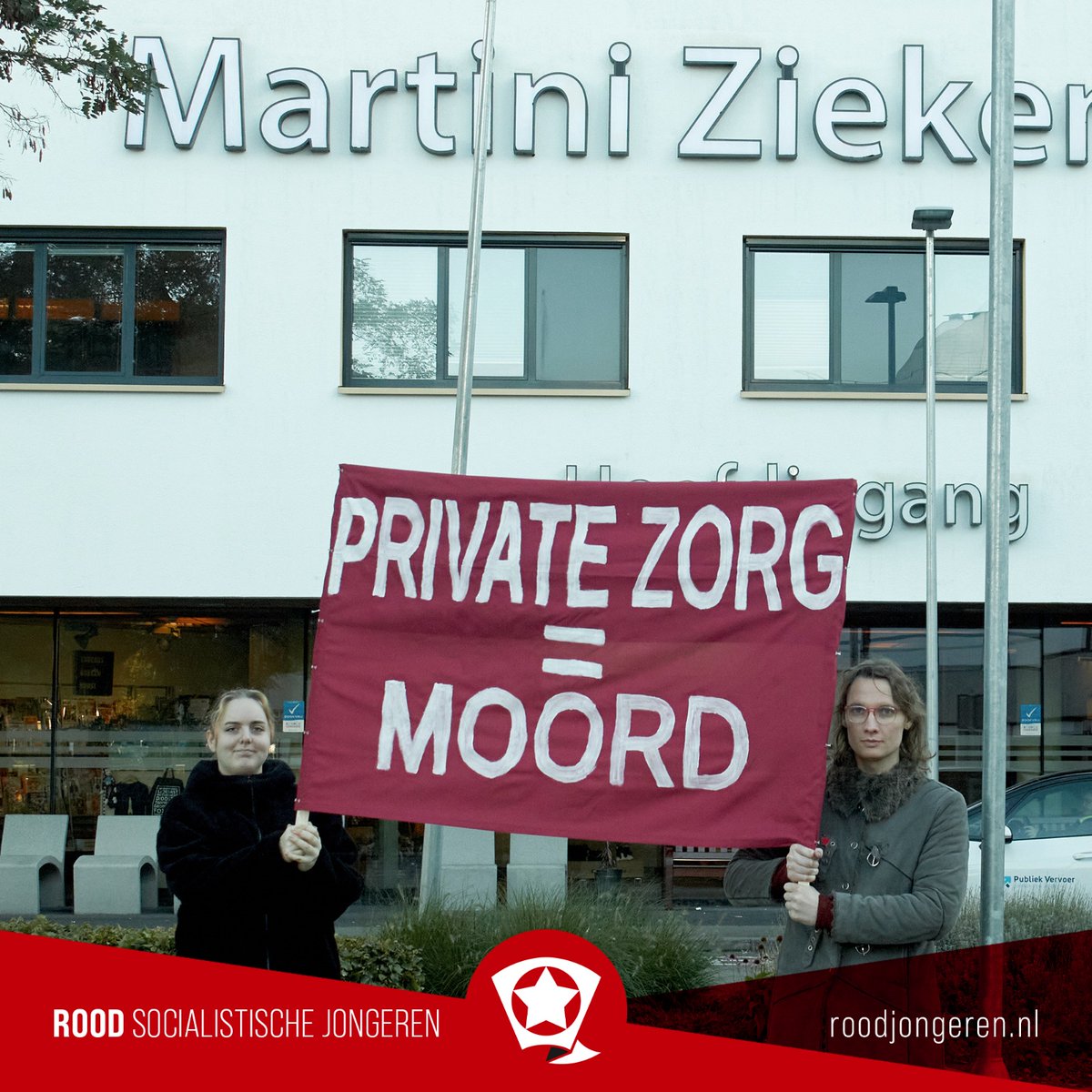 ROODGroningen's tweet photo. Het Martini Ziekenhuis in Groningen sluit tot 2024 de deuren voor patiënten die verzekerd zijn bij zorgverzekeraars Zilveren Kruis en a.s.r. Daarom heeft ROOD Groningen vandaag een spandoek met de tekst “Private zorg is moord” opgehangen bij het Martini Ziekenhuis! https://t.co/kADbSGfRxZ