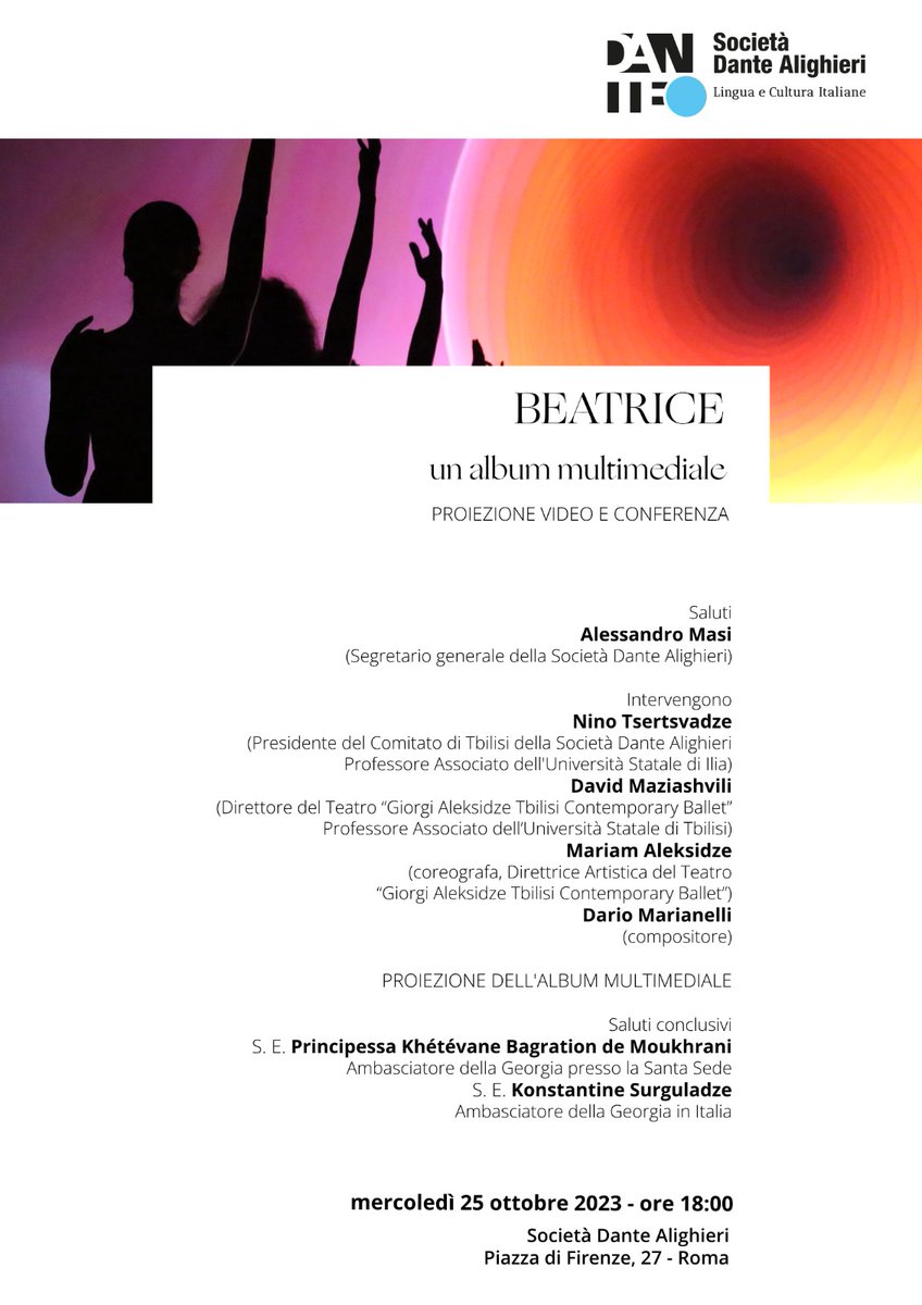 #25ottobre, ore 18, a Palazzo Firenze "Beatrice. Un album multimediale". Saluti di <a href="/MasiAlessandro/">alessandro masi</a>. Interventi di <a href="/TsertsvadzeNina/">Nino Tsertsvadze</a>, David Maziashvili, Mariam Aleksidze, Dario Marianelli, Khétévane Bagration de Moukhrani e Konstantine Surguladze.

Info: bit.ly/PalazzoFirenze