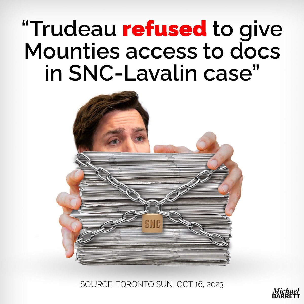 MikeBarrettON's tweet photo. In the same scandal that saw him found guilty of breaking ethics laws, Trudeau blocked the RCMP from seeing documents so that they couldn’t launch a criminal investigation. What’s in the documents? It must be bad. https://t.co/XTBpiv81g9